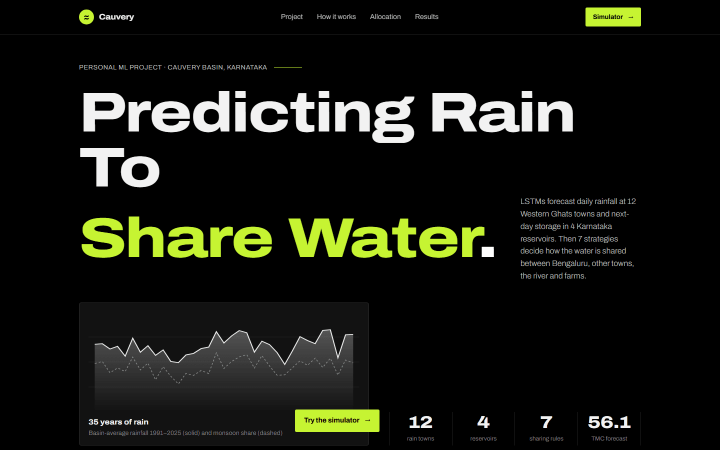 Project Cauvery home page with the headline “Predicting rain to share water.”