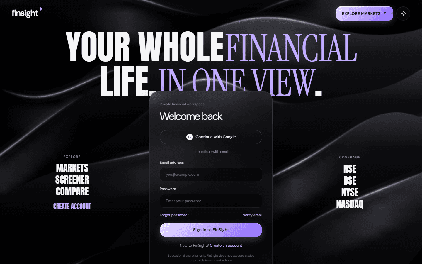 FinSight sign-in page with the headline “Your whole financial life. In one view.”
